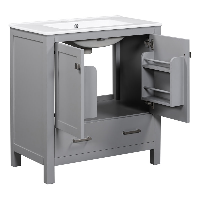 Armoire de rangement pour salle de bain 30 po, gris, bois massif, évier simple, 2 portes, 1 tiroir fonctionnel, applicable en gris. Meuble-lavabo avec portes. 2 portes et 1 rangement, en bois