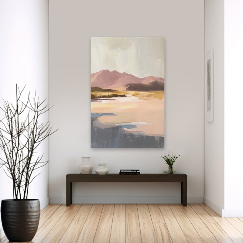 Désert du désert - paysage de montagne contemporain, montagnes roses, lac tranquille, H 60 po x l 40 po