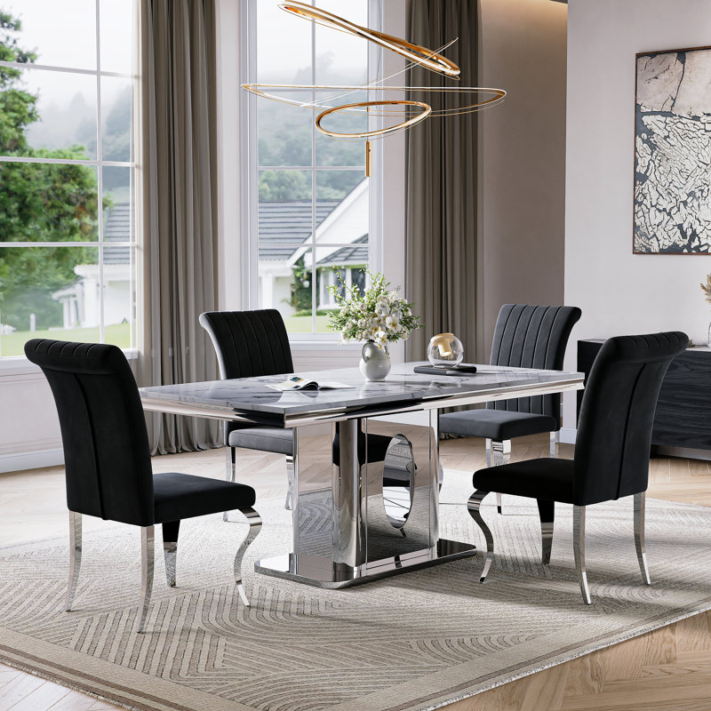 70.08”Faux Marble Top Pedestal Dining Table Set, Silver, Black/Silver, White