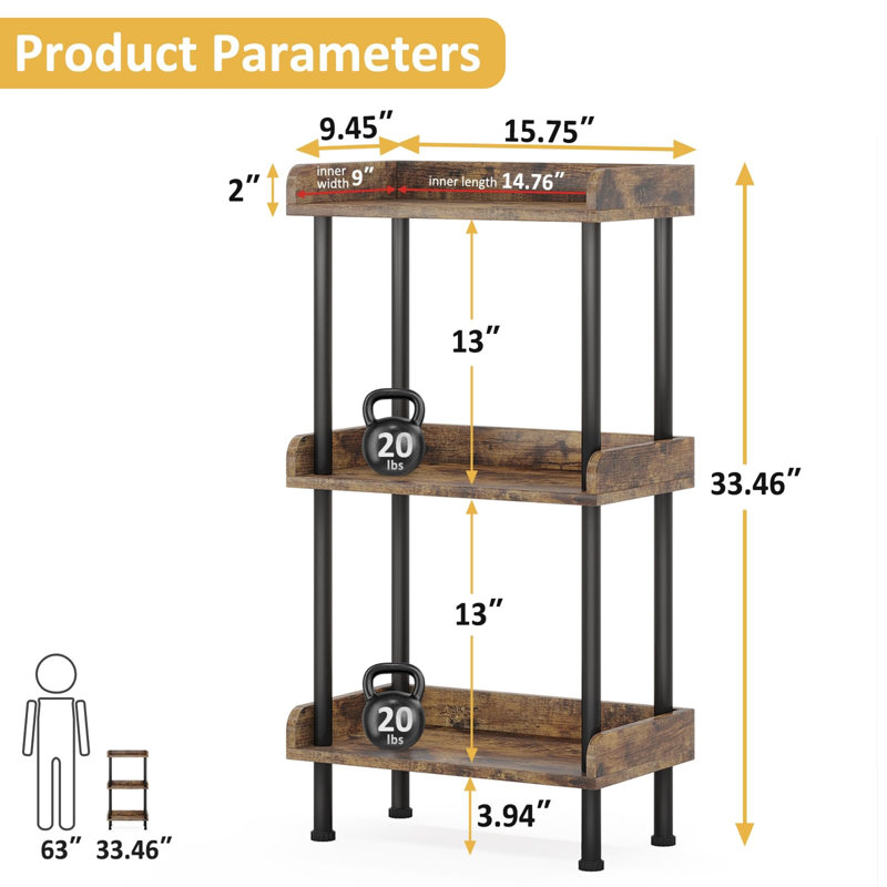 3 layers wooden bookcase industrial small bookshelf, Rustic Brown