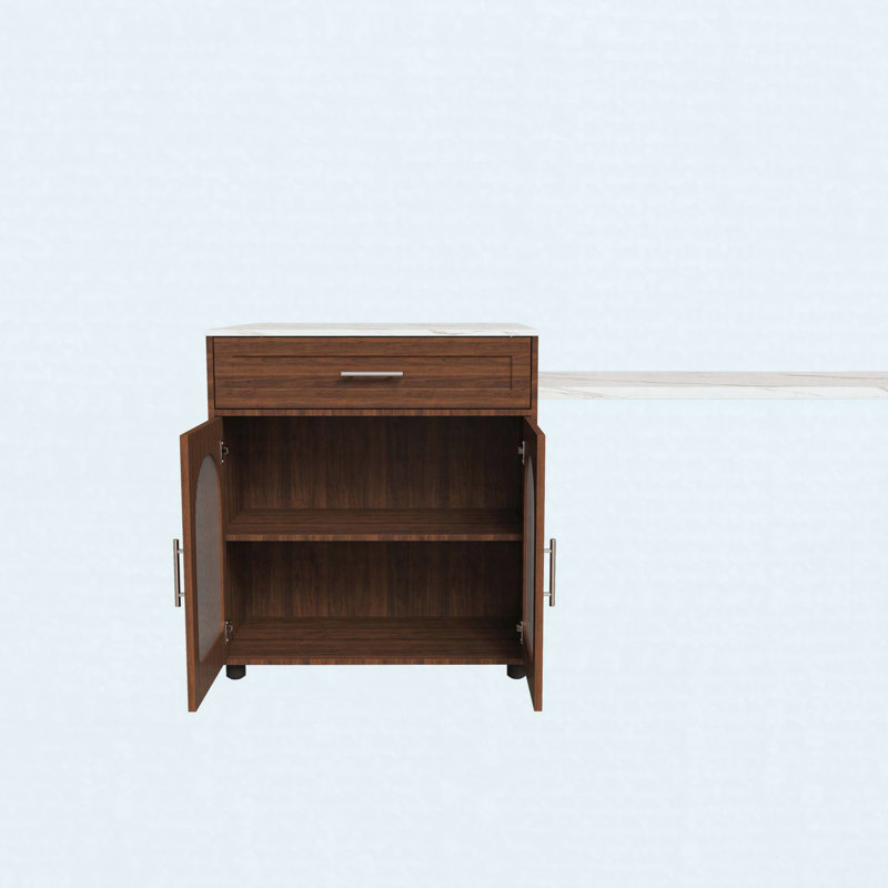 Îlot de cuisine de 80 pouces avec table de salle à manger, comptoir en grain de marbre avec prise de courant, chariot de rangement mobile avec armoire et 2 tiroirs, table de préparation de cuisine à finition noyer