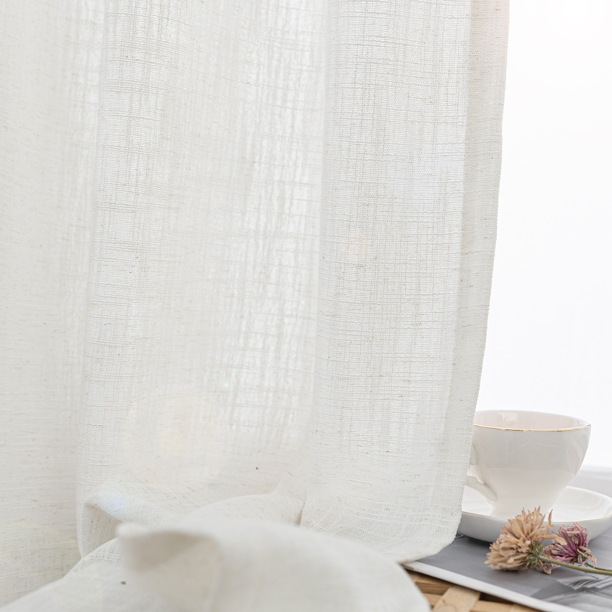 Kambi Slub Textured Linen Blended Semi-Sheer Grommet Curtain Pair, 35" W x 90" L, Ivory