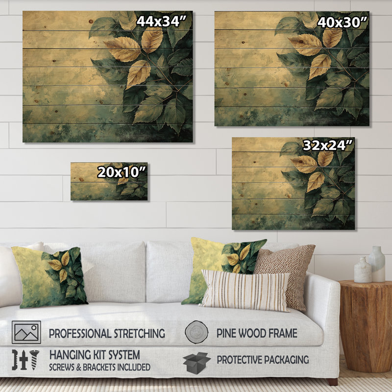 Feuilles de la forêt brune, tranquillité IV - Impression sur bois de feuilles - sur bois de pin naturel, H 34 po x l 44 po