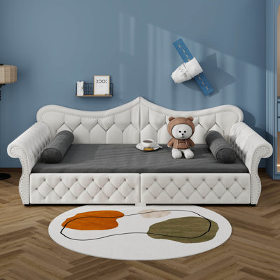 Upholstered Daybed With LED Lights, Button Tufted Sofa Bed Frame With Nailhead Armrests & Backrest