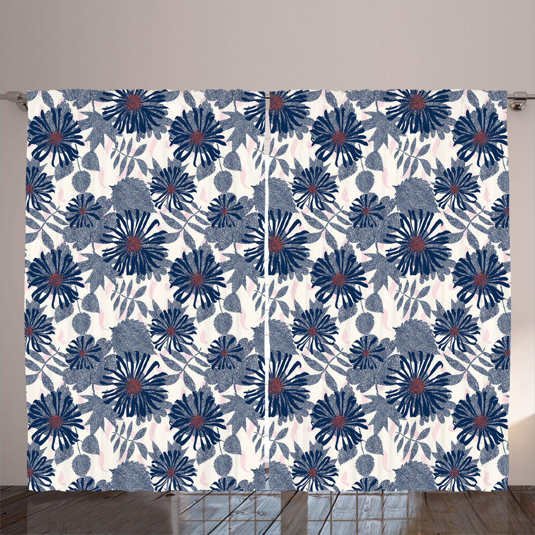 Rustic curtain, tangled leaf pattern, daisy pattern, dark indigo dark pink