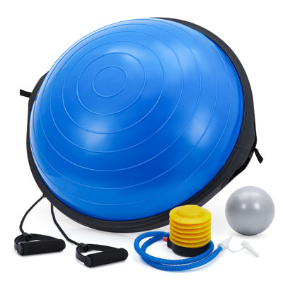 Half Balance Ball Trainer 25 Inch – 1600 lbs Capacity Stability Exercise Ball with Non-Slip Base, Resistance Bands, Foot Pump, Extra Ball – Perfect for Yoga, Pilates, Core Training, Home Gym, Blue, Classic