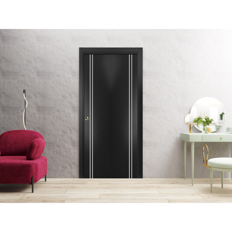 Porte pliante en bois massif massif, 64 po x 96 po, Noir mat