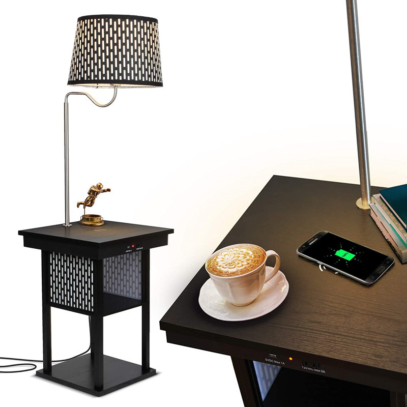 Madison 56 in. Modern LED Bedside Table Lamp with Fabric Drum Shade and Wireless Charging Pad, Black