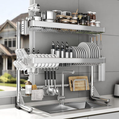 Over The Sink Dish Drying Rack 3-Tier Stainless Steel Adjustable Length Space-Saving Kitchen Organizer With Utensil Holders And Drip Tray