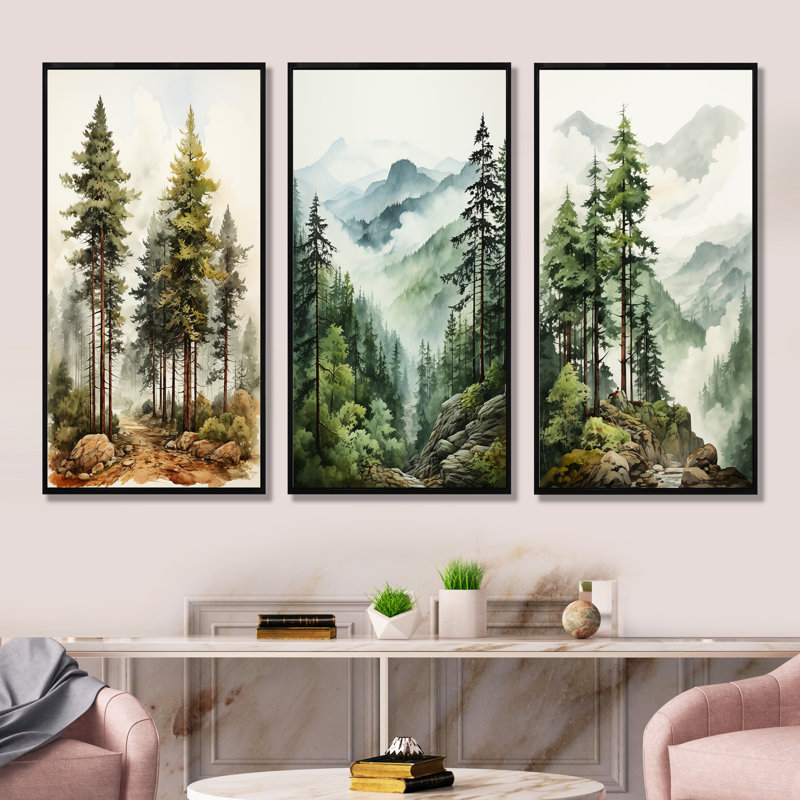 «Softwood Redwood Trees In Us Forest», ensemble de 3 reproductions d'art sur toile, Cadre flottant noir, H 28 po x l 36 po