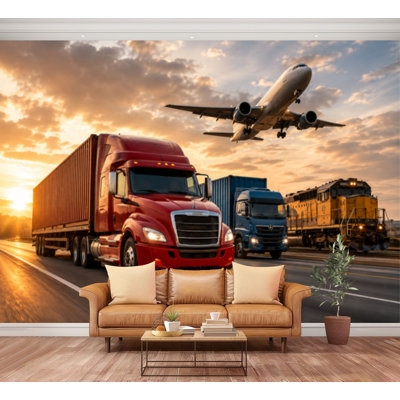 Wall Mural Peel and Stick Wallpaper Transportation logistics Container Cargo ship Cargo plane Self-Adhesive Removable Contact Paper Wall Decor for Living Room Bedroom 100"H x 144"W