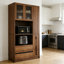 Armoire de cuisine de 71 po de hauteur avec support pour micro-ondes, huche en bois avec portes en verre cannelé et tablette de rangement coulissante, noyer
