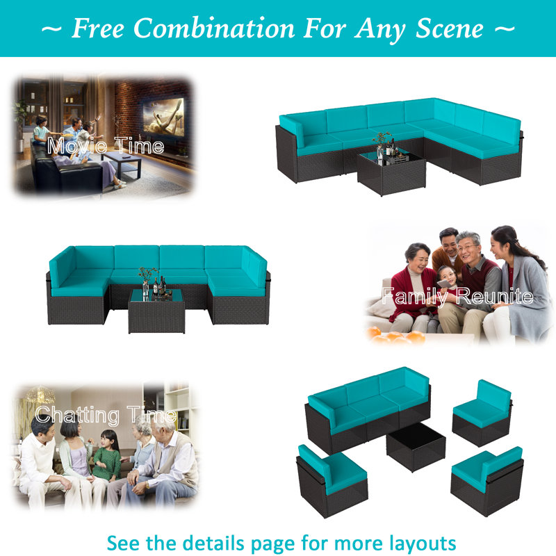 6 - Person Patio Conversation Sets with Cushions, Turquoise