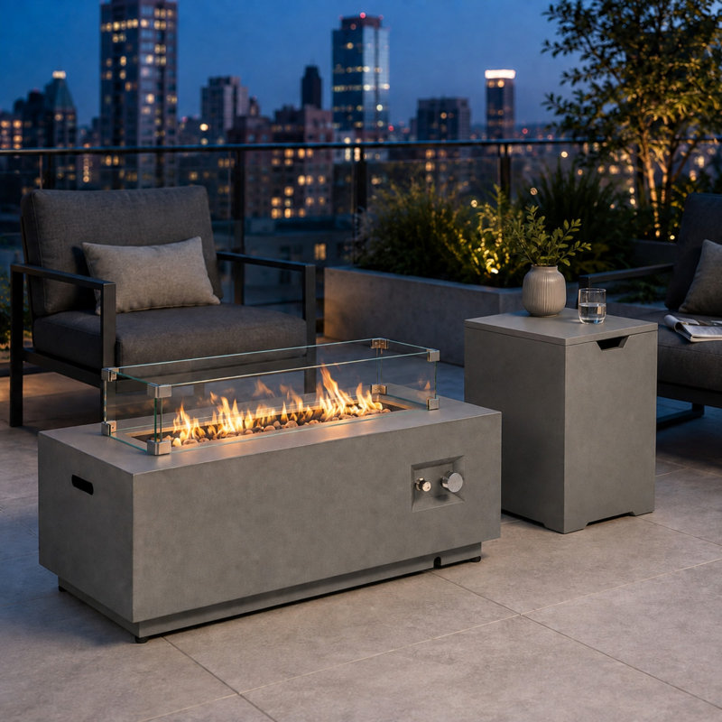 42 Inch Rectangular Propane Fire Pit Table with Tank Storage and Glass Wind Guard