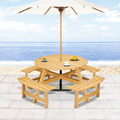 Table de pique-nique d'extérieur pour 8 personnes avec 4 bancs. Résistant aux intempéries, pour le jardin, le patio, le bois naturel de la cour arrière - trou de parasol pour banc et porche