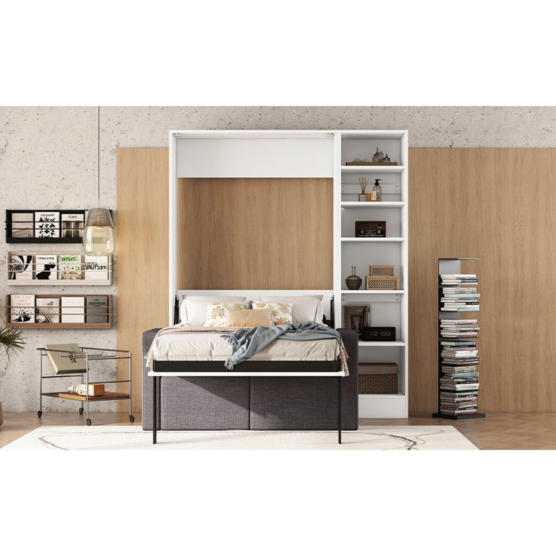 Lit double avec tablettes et - blanc, espace de rangement confortable avec tablettes blanches, chambre élégante, Lit double