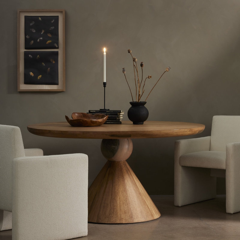 Bibianna Round Solid Wood Dining Table, Smoked Honey/Blush Marble