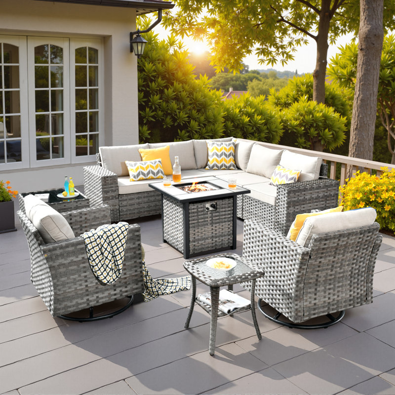 Ensemble de conversation modulaire en osier / rotin pour 7 personnes avec chaises pivotantes Baili, ensemble de conversation modulaire moderne avec coussins