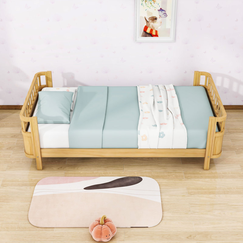 Wood Platform Bed with Safety Rails, Low Profile Design, Natural, Twin