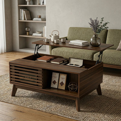 Table basse à plateau relevable de 35,4 pouces de style Mid-Century avec porte coulissante à lattes, finition noyer
