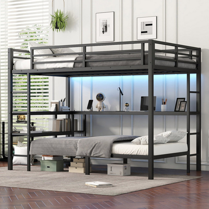 Lit superposé avec bureau et tablettes multiples, avec DEL et USB, Tailles de lit – double TG sur simple