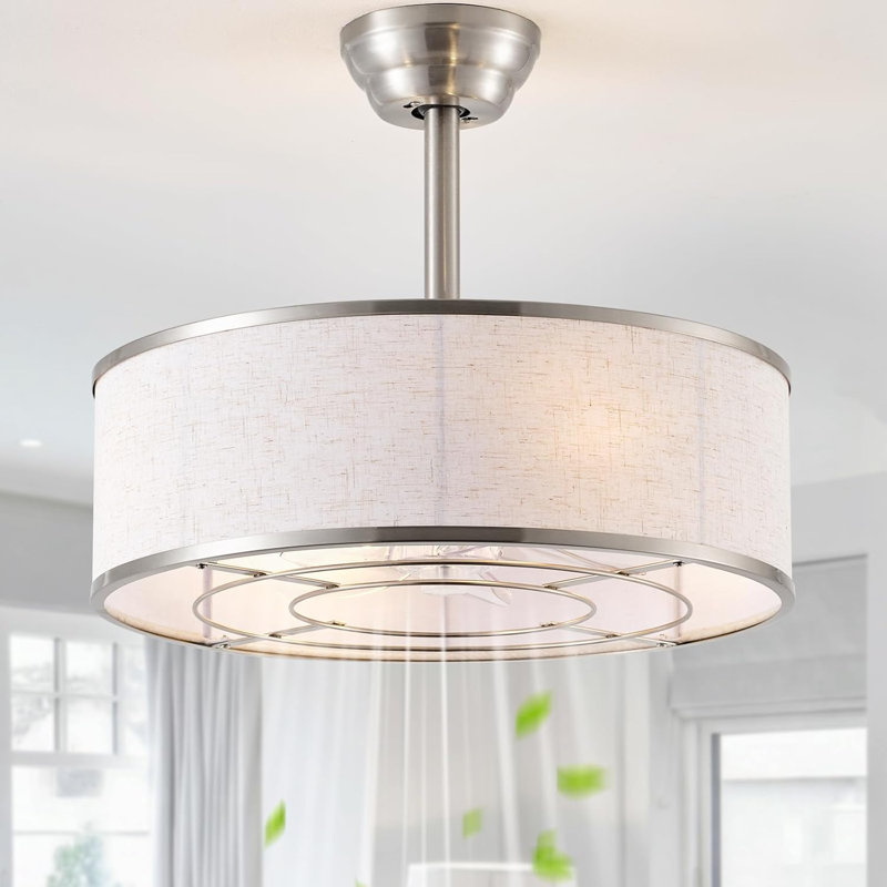 Ventilateur de plafond 20 po à cage en argent avec lumière et télécommande, Argent argent