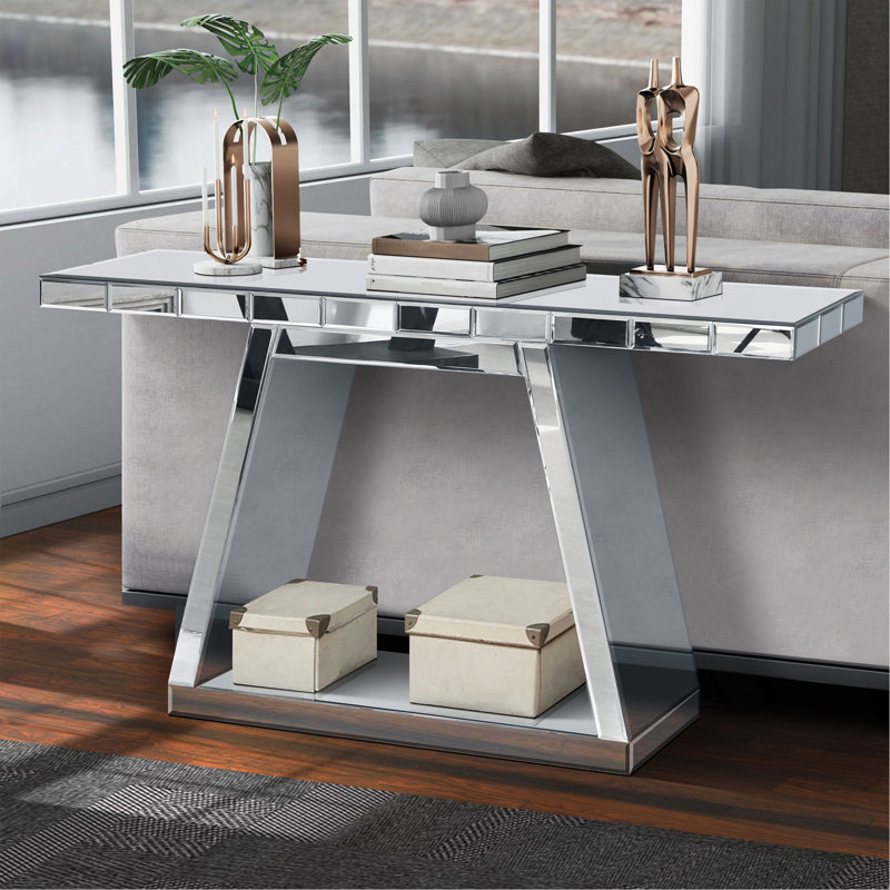 55.9" Modern Luxe Full-Body Mirror Entryway Table With Trapezoid Base – 360° Reflective Console Table, Sturdy Wooden Frame, Scratch-Resistant Design & Open Storage For Hallway, Living Room, Staircase