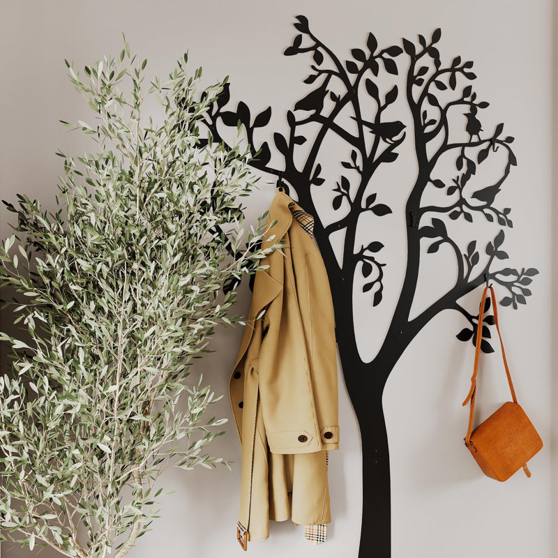 Porte-manteau mural Arbre de Vie, 7 crochets ajustables - Décoration murale robuste en métal noir, idéal pour l'entrée, le corridor, le vestibule et le salon, 175 x 107 cm