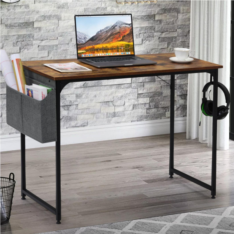 Adbul Metal Base Writing Desk, Black, Brown