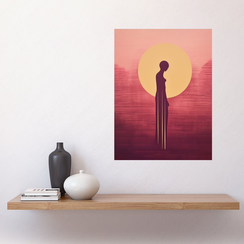 Wall Art Print Sunrise Solitude Minimalist Artwork Pink African Woman Silhouette in Sun Halo Poster
