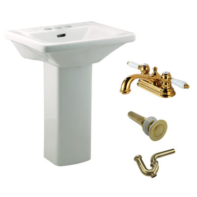 Lavabo de salle de bain rectangulaire sur pied en porcelaine vitrifiée de 21,5 po de hauteur avec robinet et trop-plein