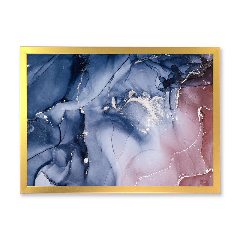 «Blue and Pink Marble Ink Clouds V», peinture sur toile, H 16 po x l 32 po x P 1 po, Cadre doré