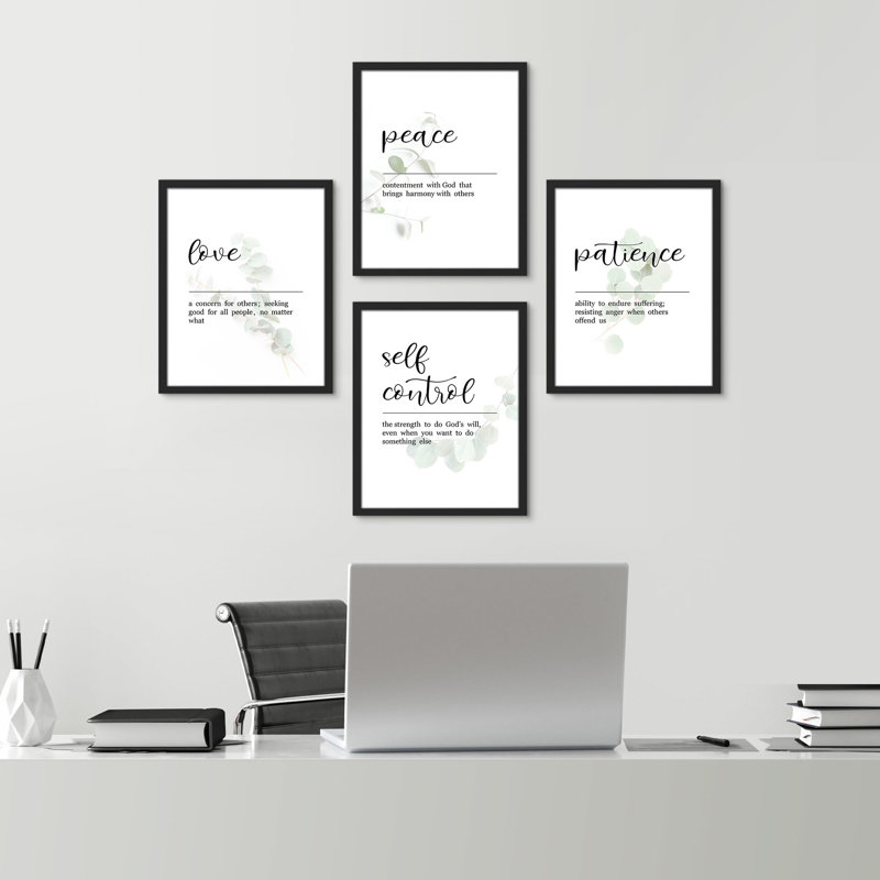 «Love Peace Patience Self-Control», impression sur papier 4 pièces, H 14 po x l 11 po, Noir
