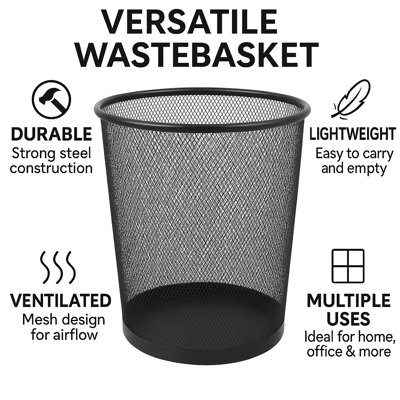 Creative Home 2.5 Gallon Steel Mesh Round Trashcan Light Weight Wastebasket For Trash Paper Or Recycle In The Home Office, Garage, Black