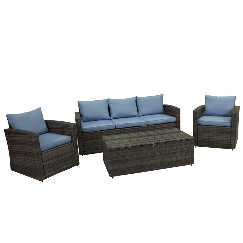 Ensemble de conversation d'extérieur en osier pour cinq personnes avec coussins et rangement Arlington, Bleu