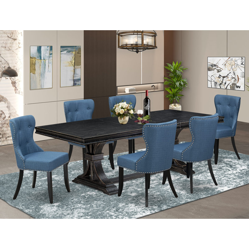 L'ensemble de table de cuisine 7 pièces se compose d'une table de cuisine et de 6 chaises de salle à manger en tissu de lin bleu avec dossier capitonné - Finition sable