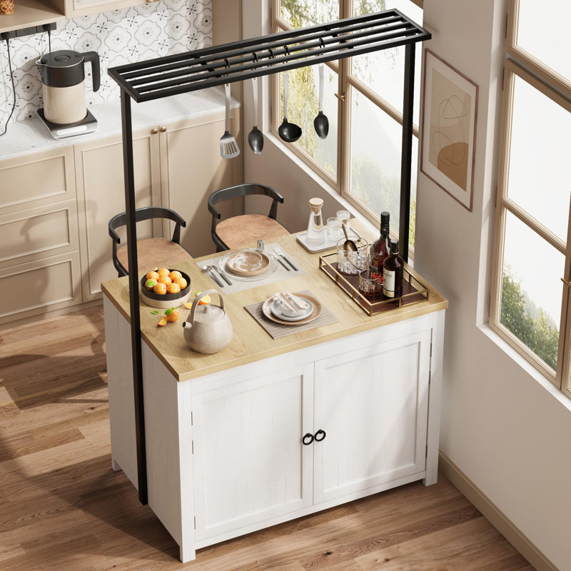 Kitchen Island with Storage 42" - Heavy Duty Kitchen Cart, Mobile Kitchen Island with 2-Tier Shelves & 5 Hooks, Solid Wood Countertop for Small Spaces