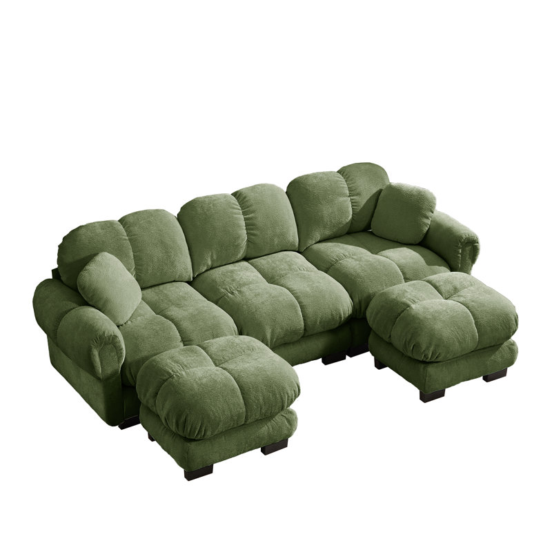 Ensemble de canapé modulaire en chenille 3 places avec coussins et 2 repose-pieds, vert sauge, 2 repose-pieds, Vert sauge