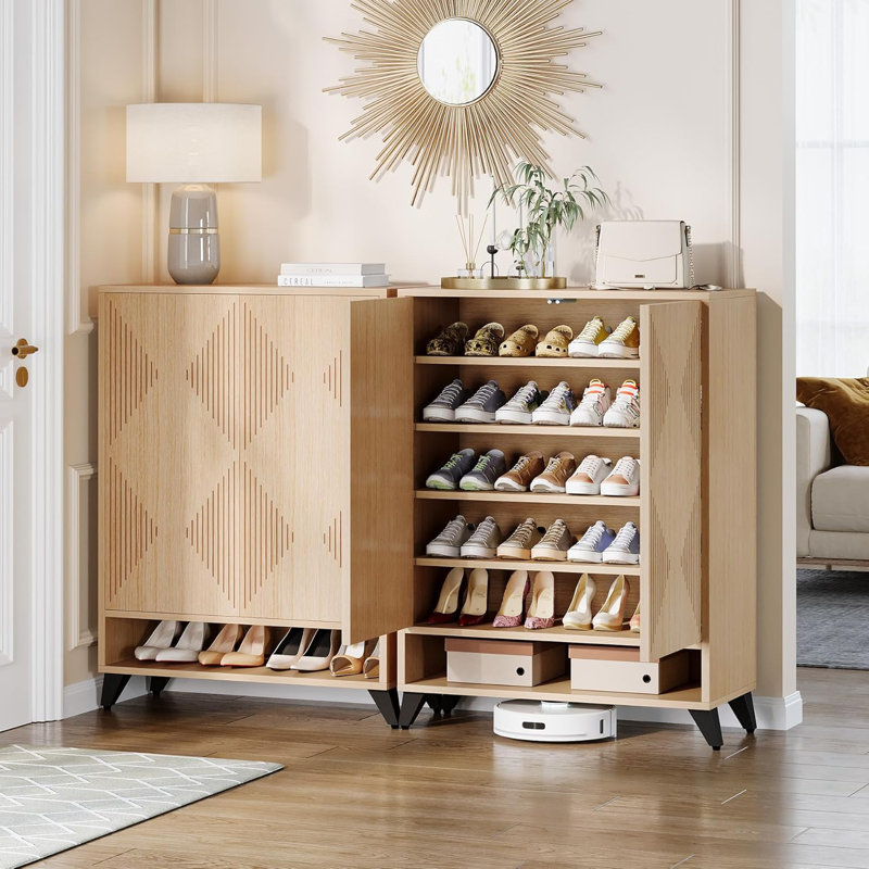 24 Pair Shoe Storage Cabinet, Natural/Black