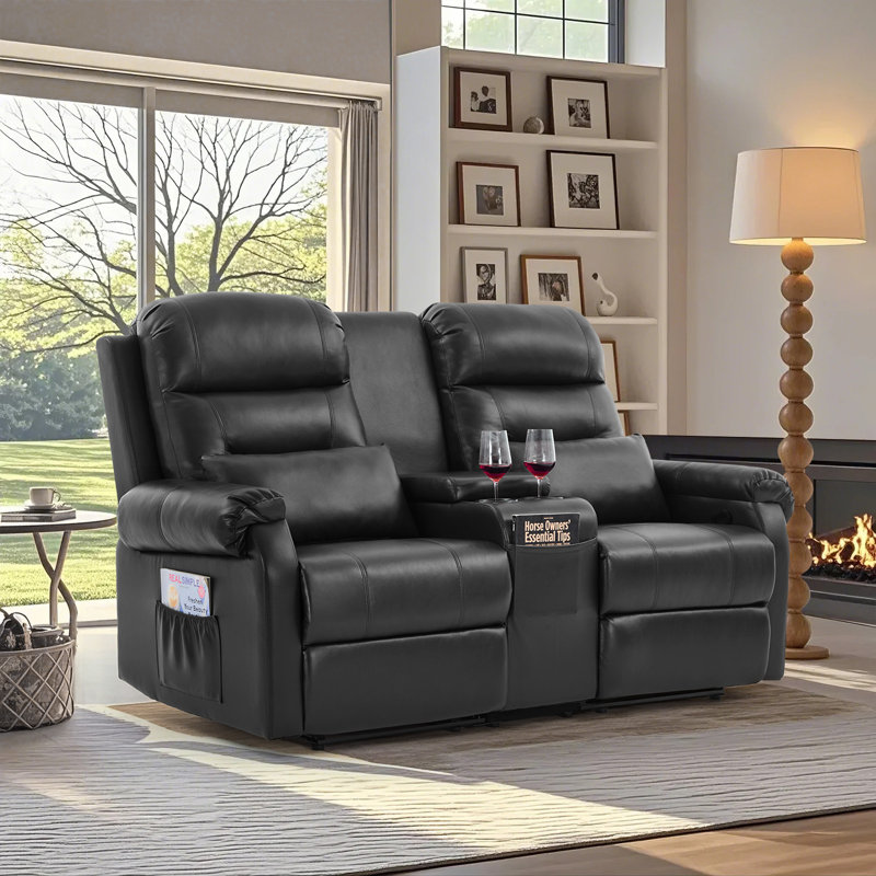 65.7" Modern Manual Reclining Loveseat With Storage Console And Cup Holders, Black