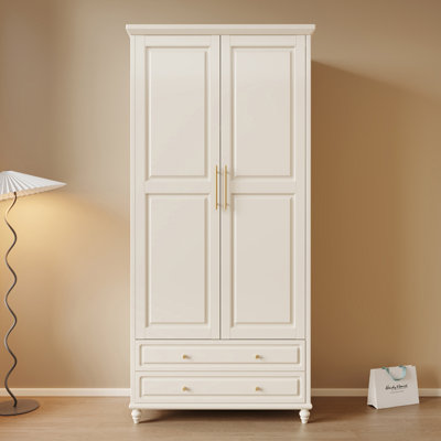 Cream-Colored Oak Double-Door Wardrobe With Drawers For Storage