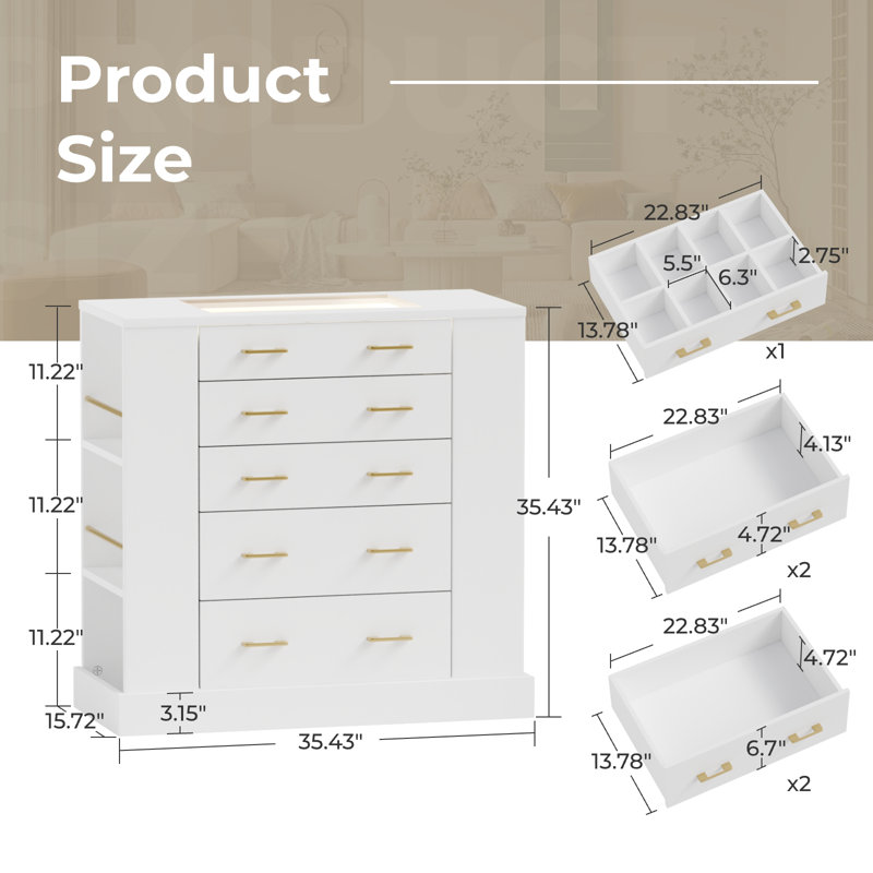 Modern 5-Drawer Dresser with Glass Top, LED Light &  Double-Sided Storage Open Shelves, Large Chest of Drawers for Bedroom, Living Room, White