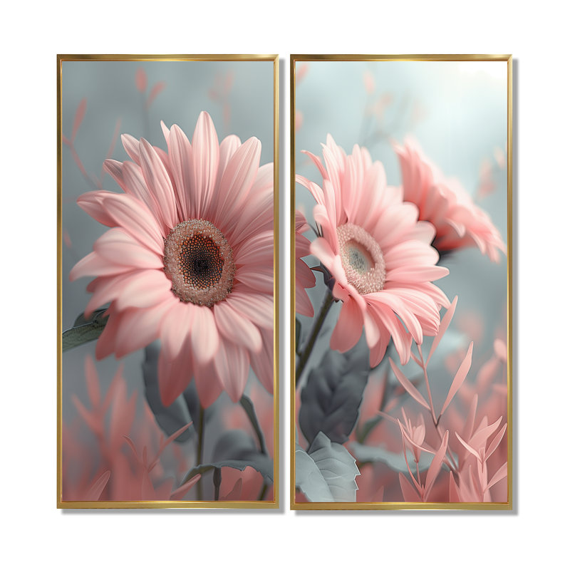 Rose et marguerites de beauté botaniques grises II - décoration murale rose 2 pièces, 20" H x 24" W, Gold