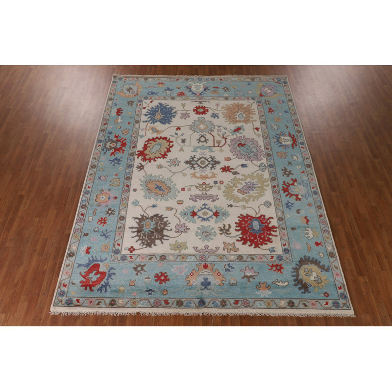 Tapis oriental floral ivoire et bleu Oushak 9 x 12