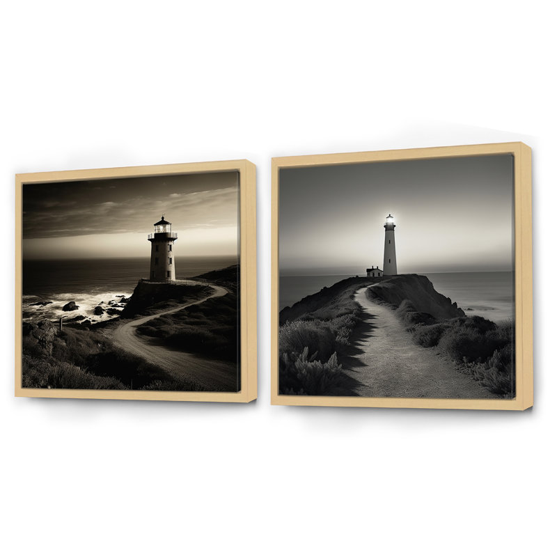 Phare noir et blanc Panorama, Cadre flottant brun, 36" H x 73" W