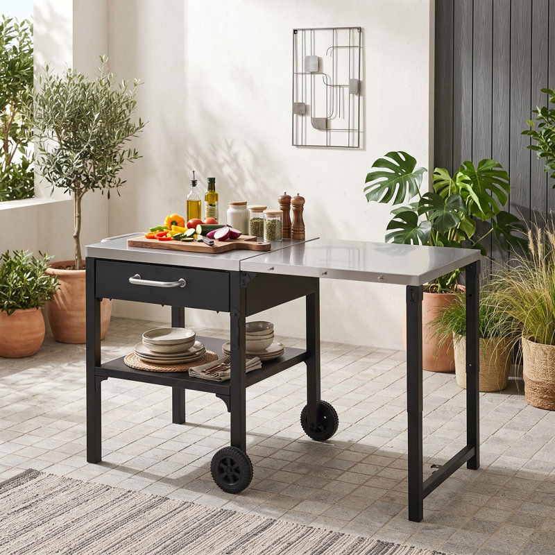 Chariot de cuisine pliable pour l'extérieur avec station de préparation sur roulettes, tiroir et tablette inférieure, Noir