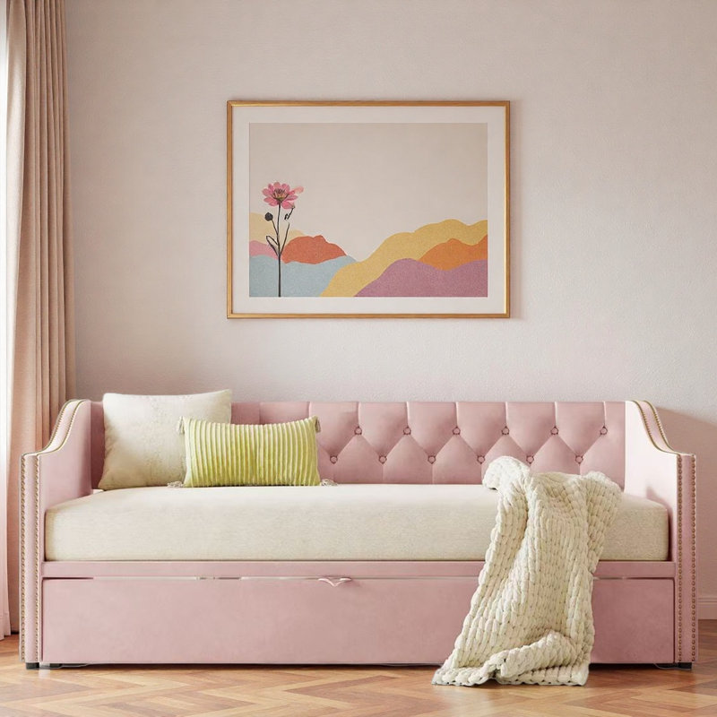 Upholstered Daybed With Pop Up Trundle, Pink