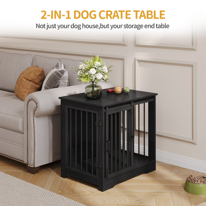 Dog Crate Furniture, 69 cm Double Door Wooden Dog Crate with Barn Door, Indoor Kennel, End Side Table Wooden Animal Crates for Small Dogs, Anti-Chew Anti-Escape