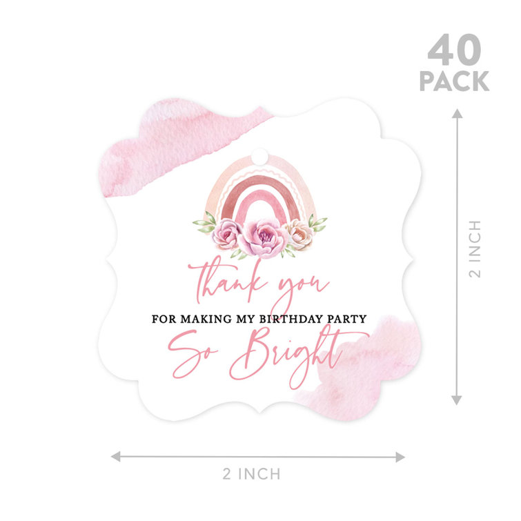Fancy Frame Kids Party Favor Thank You Tags with String, 40-Pack Floral Rainbow Birthday Gift Tags for Gift Bags, Favor Bags, Goody Bags, Girls Boho B