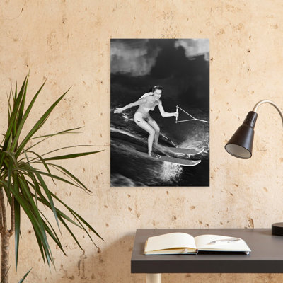 1950S Smiling Woman In A White Two Piece Bathing Suit Water Skiing Looking At Camera Classic Retro Vintage Wall Art
